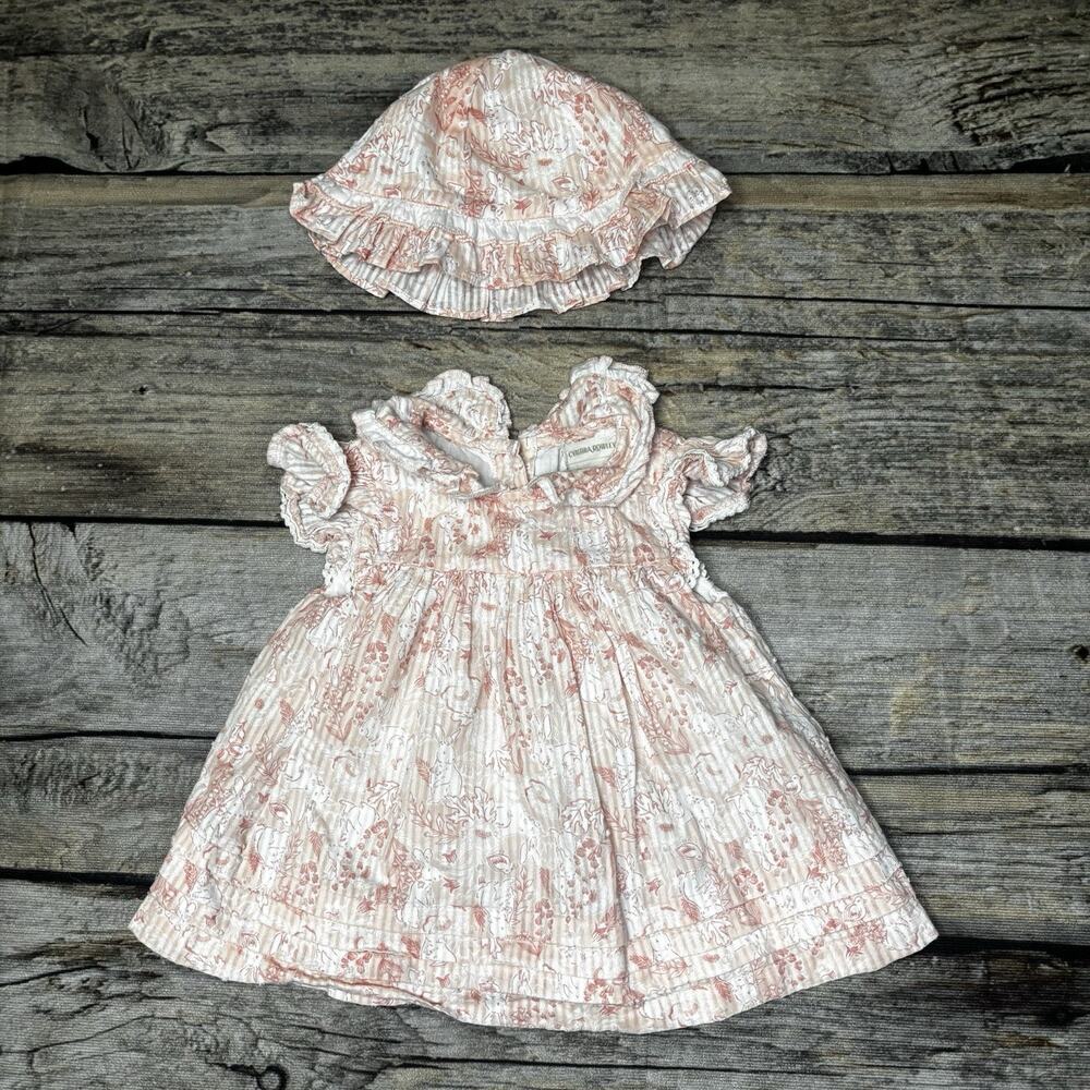 Cynthia Rowley Baby Girl Easter Bunny Pink Dress & Hat Size 6-9 Months
